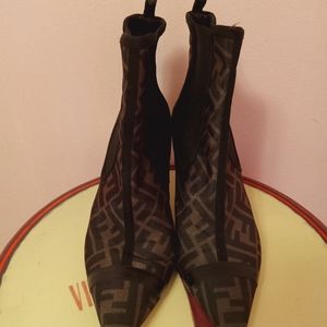 Fendi FF Monogram Sock Kitten Heel Booties- Black. Without box.